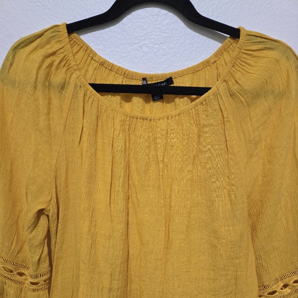 ​Zac & Rachel Mustard Yellow Boho Bell Sleeve Blouse Crochet Lace Trim Medium - Picture 3 of 13